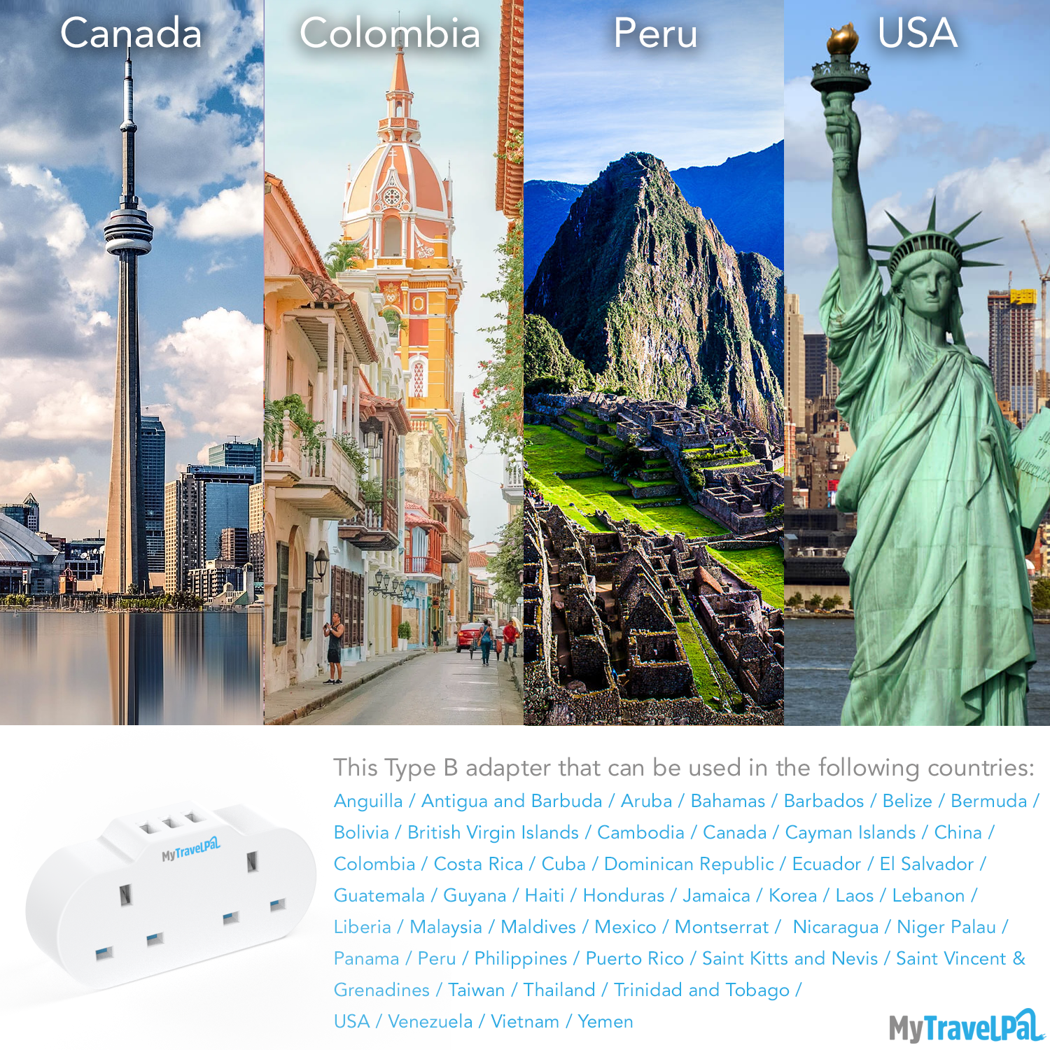 Double USA / Canada Travel Adaptor With USB Ports (Type B)