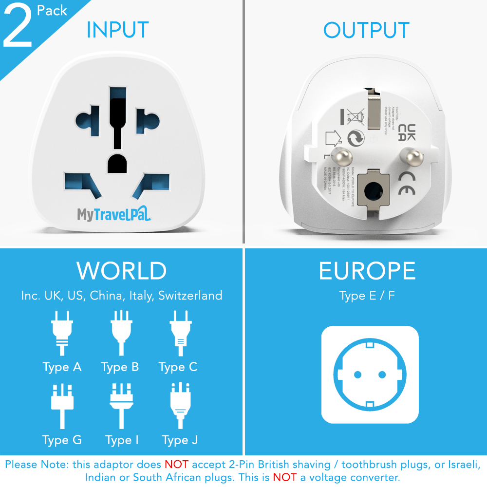 World To European Adapter 2 Pack Type E F