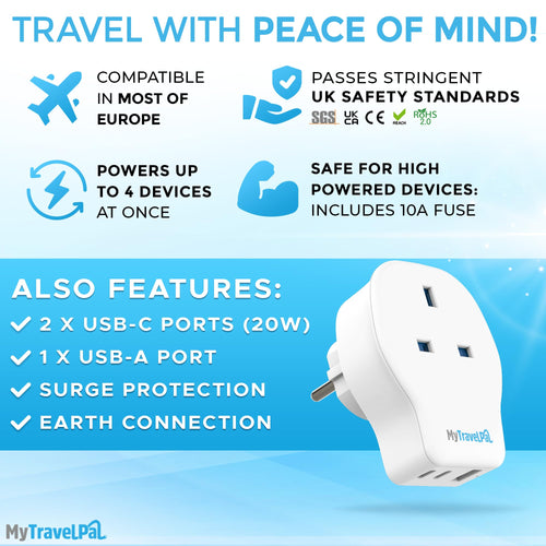 UK to Europe 20W PD Travel Adapter With USB C