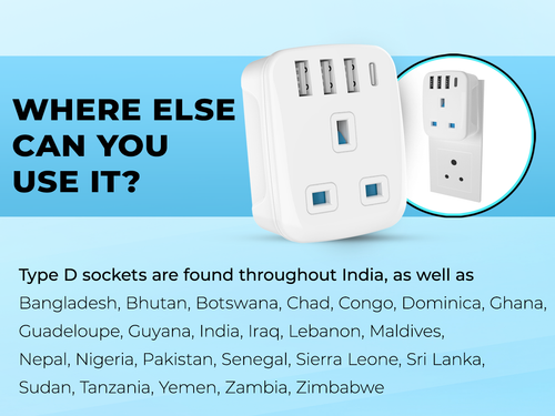 UK To India Plug Adapter with USB C (Type D)