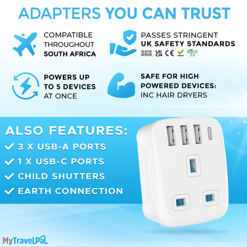 South Africa Plug Adapter with USB C (Type M)