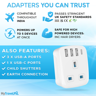 UK To India Plug Adapter with USB C (Type D)
