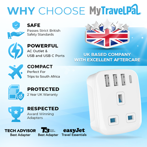 South Africa Plug Adapter with USB C (Type M)