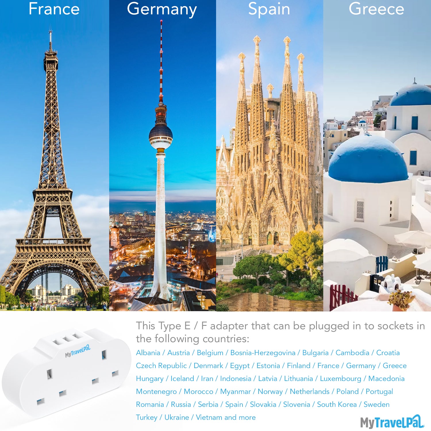 Double European Travel Adaptor With USB Ports (Type E/F)