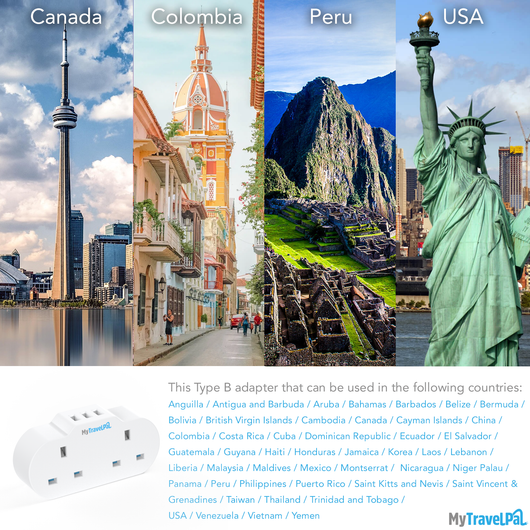 Double USA / Canada Travel Adaptor With USB Ports (Type B)