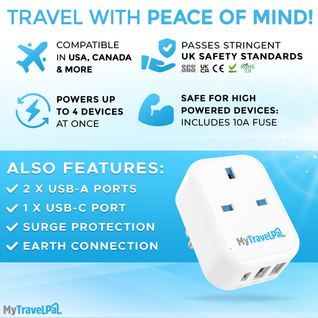 UK to USA Travel Adaptor With USB-C (Type B)
