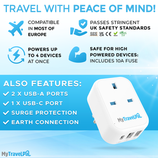 UK to European Travel Adaptor With USB-C (Type E/F)