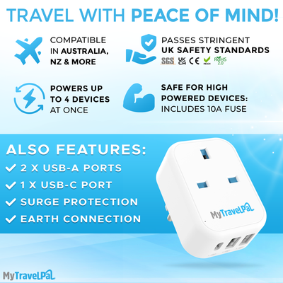 UK to Australia Travel Adaptor With USB-C (Type I)