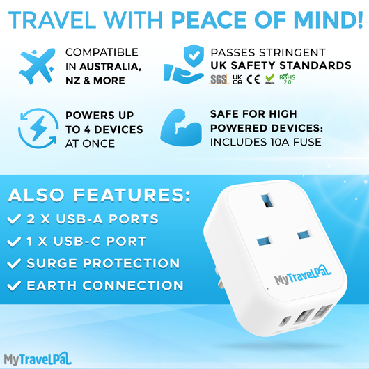 UK to Australia Travel Adaptor With USB-C (Type I)