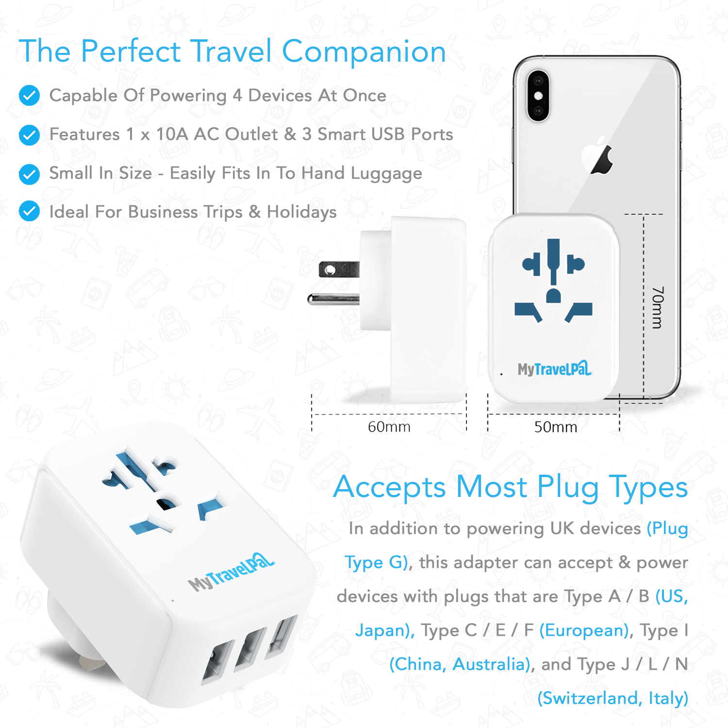 USA / Canada Travel Adaptor With 3 USB Ports (Type B)