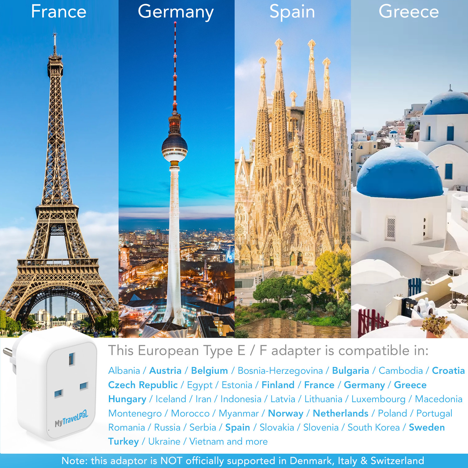 UK to European Travel Adaptor With USB-C (Type E/F)