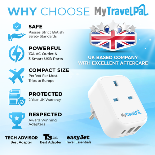 UK to European Travel Adaptor With USB-C (Type E/F)