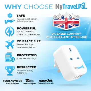 UK to Australia Travel Adaptor With USB-C (Type I)